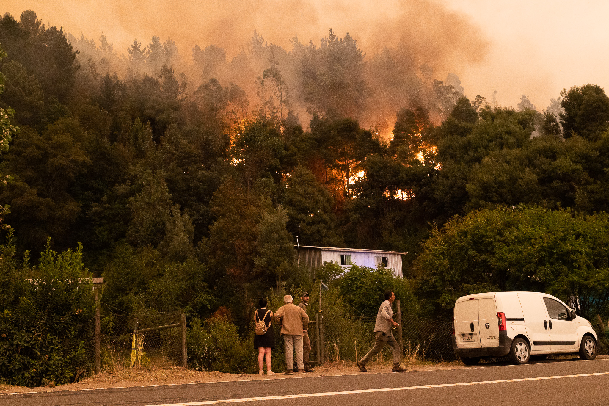 AME1493. SANTA JUANA (CHILE), 04/02/2023.- Fotografía de un sector incendiado ayer, cerca a la ciudad de Santa Juana (Chile). Las regiones de Biobío, Ñuble y La Araucanía son las más afectadas por unos incendios que ya han destruido más de 45.000 hectáreas y un centenar de viviendas y han provocado el desalojo de decenas de municipios. Los incendios coinciden con una larga sequía que ya dura más de trece años y con una ola de calor inédita en el sur, con temperaturas que pueden llegar en las próximas horas hasta los 40 grados celsius en zonas del sur. EFE/ Pablo Hidalgo