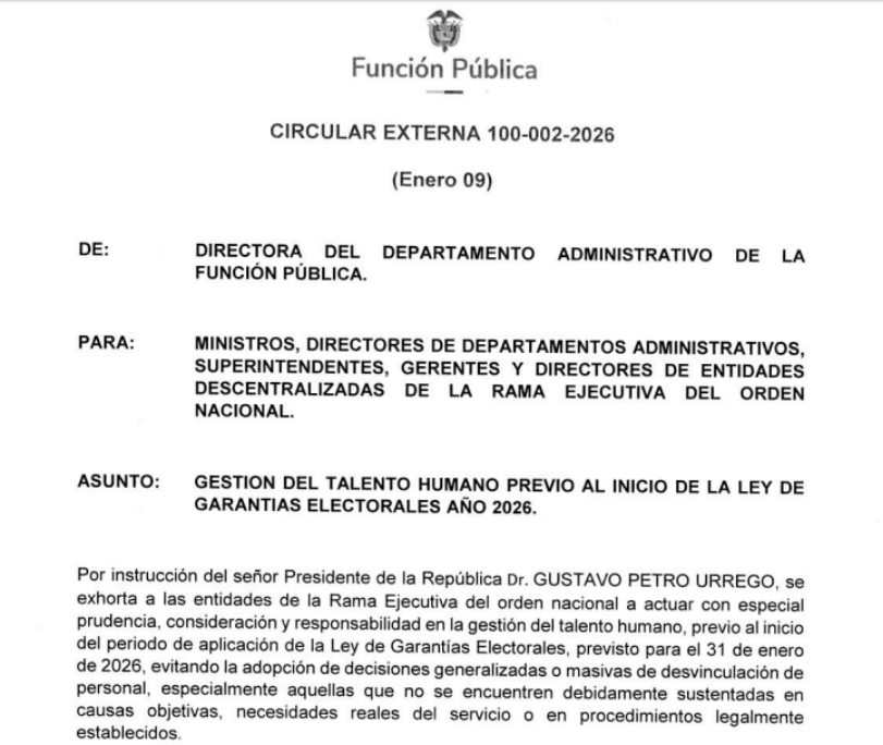 Circular 100-002 de 2026, emitida por Función Pública en nombre del presidente Gustavo Petro.