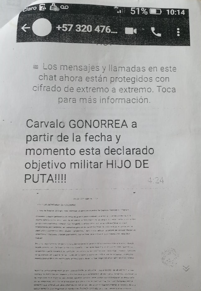 Imagen de la denuncia por amenaza puesta en la Fiscalía, por Leonel Carvahlo.