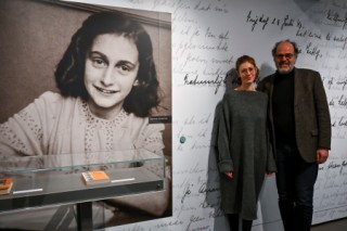 Hannah Elias, granddaughter of Anne Frank’s cousin Buddy Elias, and Executive Director of the Anne Frank House Ronald Leopold pose at “Anne Frank The Exhibition,” ahead of its official opening on International Holocaust Remembrance Day at the Center for Jewish History in New York on January 24, 2025.