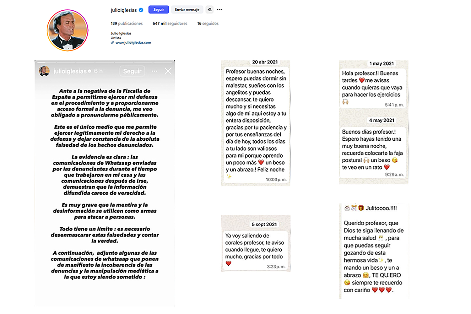 MADRID, 22/01/2026.- Combo con el comunicado y algunos mensajes de WhatsApp publicados en el perfil de Instagram del cantante español Julio Iglesias. Los mensajes supuestamente los ha recibido a través de WhatsApp por parte de las trabajadoras que le han denunciado por agresión sexual con los que parece querer demostrar su inocencia. EFE/ Perfil de Julio Iglesias en la red social Instagram SOLO USO EDITORIAL/SOLO DISPONIBLE PARA ILUSTRAR LA NOTICIA QUE ACOMPAÑA (CRÉDITO OBLIGATORIO)
