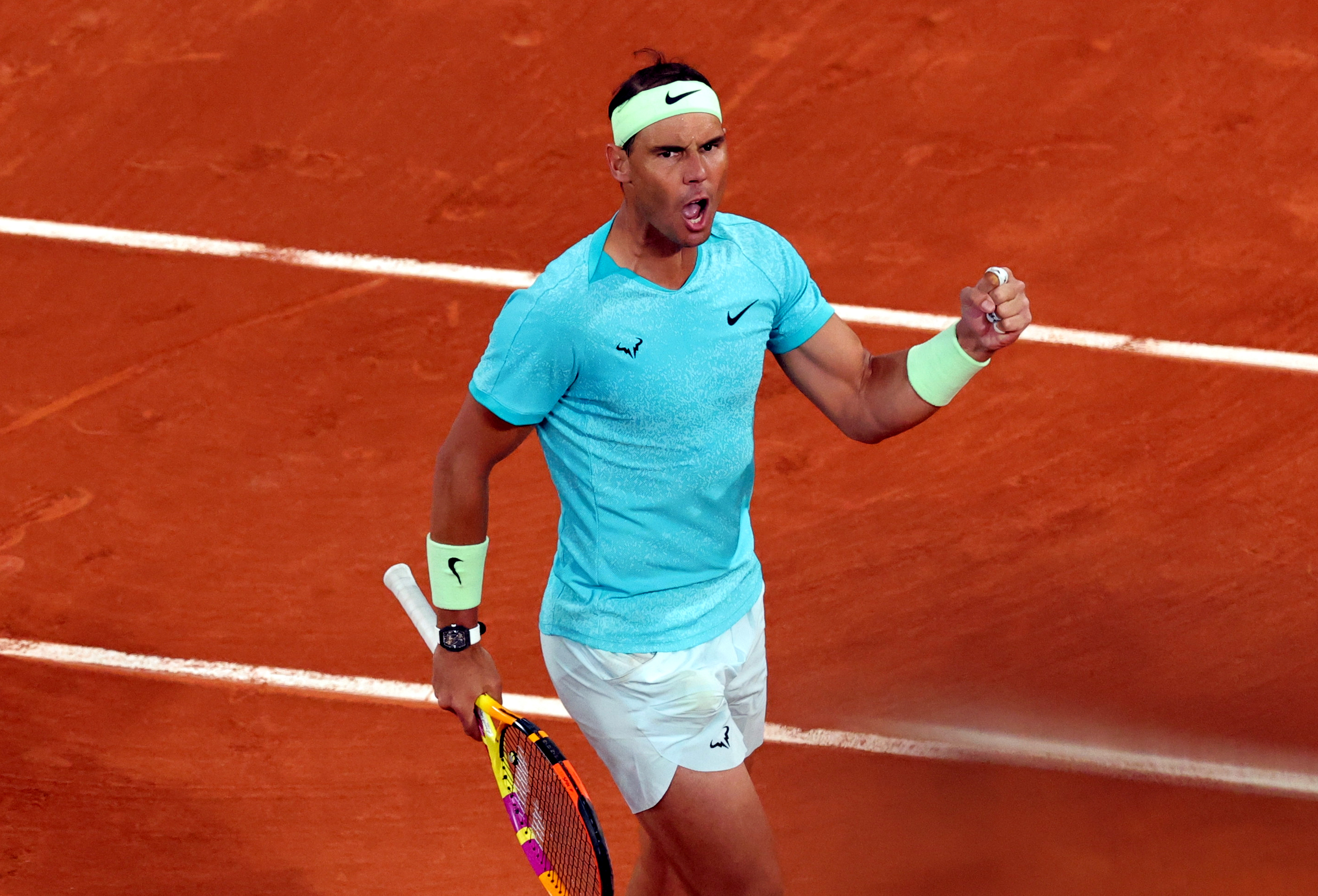 Paris (France), 27/05/2024.- Rafael Nadal of Spain reacts during his Men's Singles 1st round match against Alexander Zverev of Germany during the French Open Grand Slam tennis tournament at Roland Garros in Paris, France, 27 May 2024. (Tenis, Abierto, Francia, Alemania, España) EFE/EPA/TERESA SUAREZ