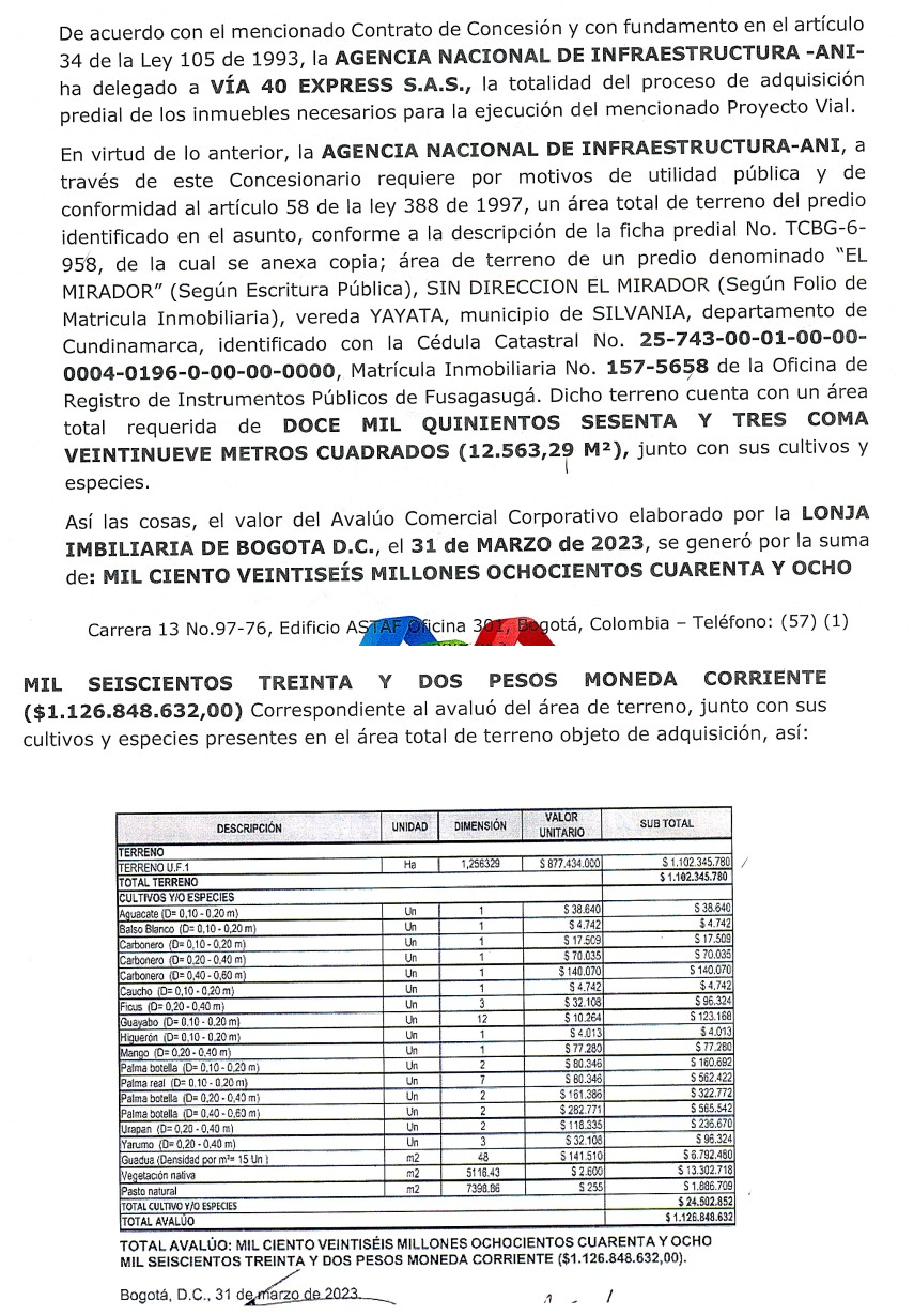 Avalúo Vía Sumapaz.