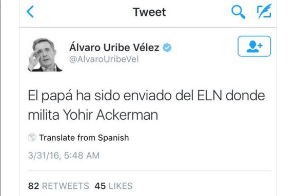 El trino del expresidente Uribe en el que acusa a Moritz Akerman de ser "enviado del Eln", en una tanda de acusaciones contra su hijo Yohir por una columna en este diario.
