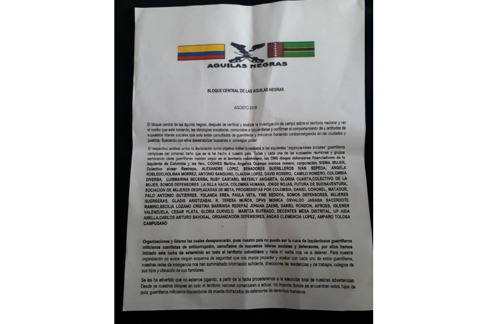 Con panfleto, «Águilas Negras» amenazan a congresistas, periodistas y líderes sociales