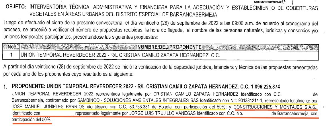 La Unión Temporal Reverdecer también estaba conformada por la empresa Sambinco - Soluciones Integrales, que estaba representada legalmente por Junieles.