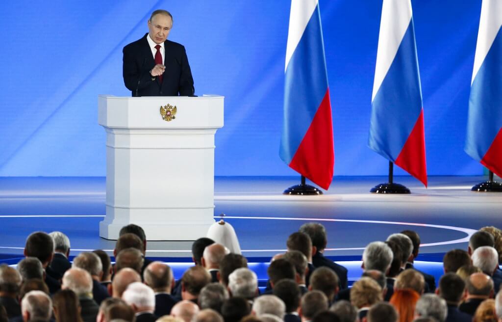 Vladimir Putin, presidente de Rusia, durante su intervención ante el Parlamento. / AFP