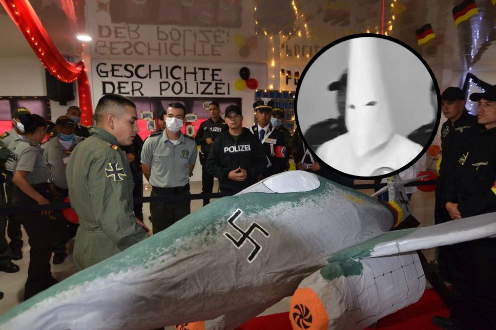En blanco y negro, un estudiante de Policía que se disfrazó de miembro del KKK en 2019. La celebración con simbología nazi fue hace unos días.