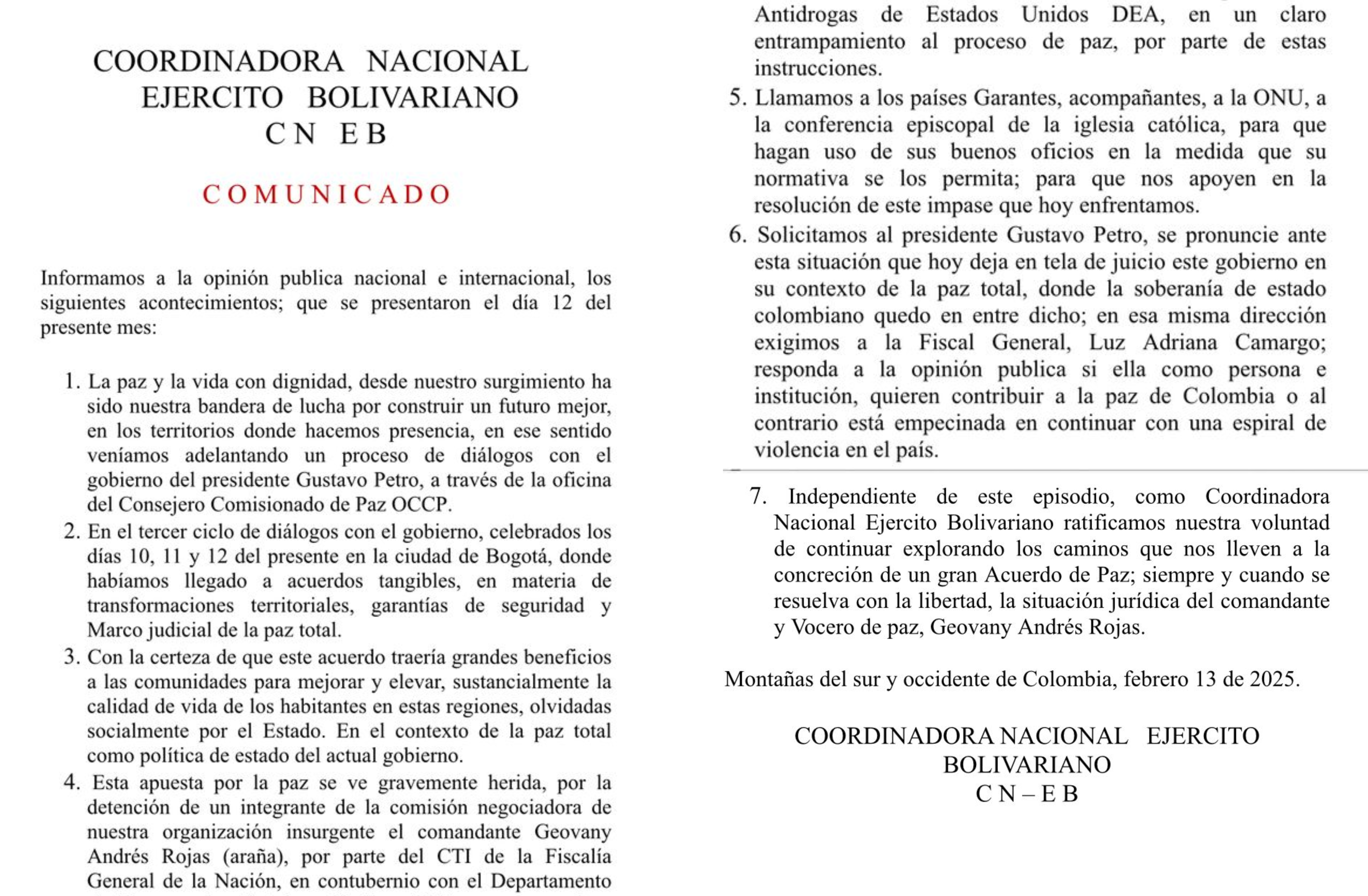 La disidencia Coordinadora Nacional Ejército Bolivariano, al mando de Walter Mendoza, emitió un comunicado en el que dicen condicionar su continuidad en el diálogo con el Gobierno.