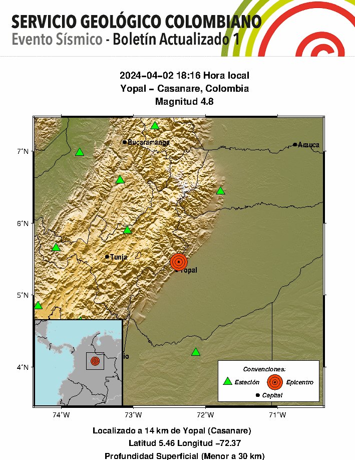 Reportan temblor de magnitud 4.8 en Yopal, Casanare