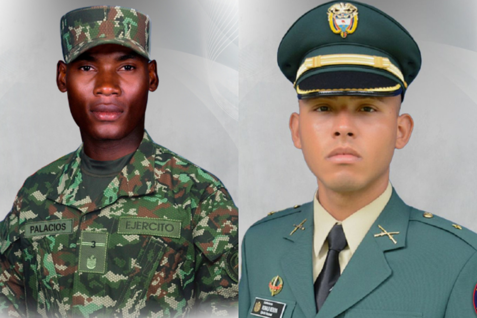El soldado Óscar Palacios Rivas y el subintendente Ronald Bedoya Rivero, dos víctimas mortales de ataques con drones.