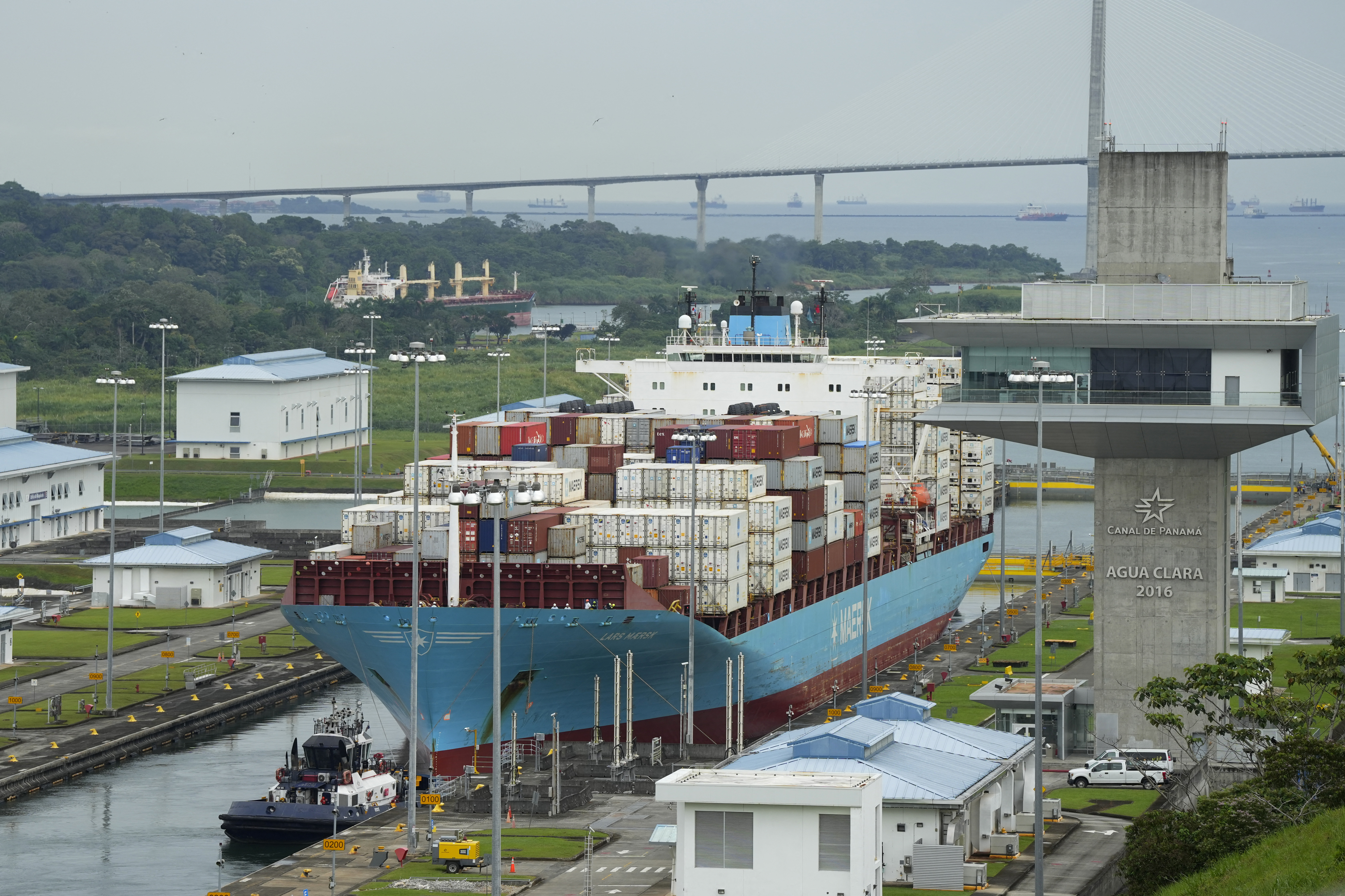 The Danish cargo ship Lars Maersk sails through the Agua Clara Locks of the Panama Canal in Colon City, Panama, on December 28, 2024.