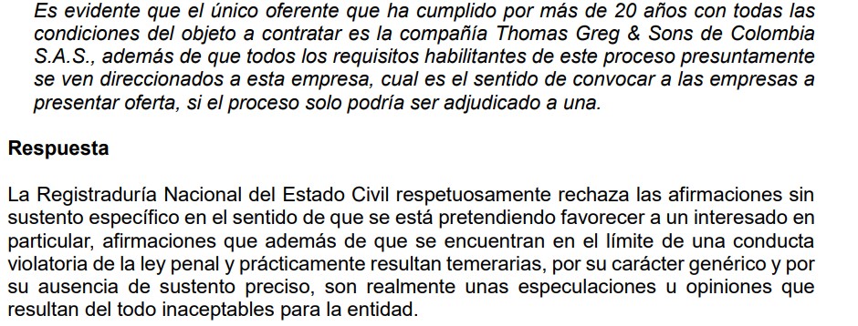 Observación de Portes de Colombia a la licitación de la Registraduría.