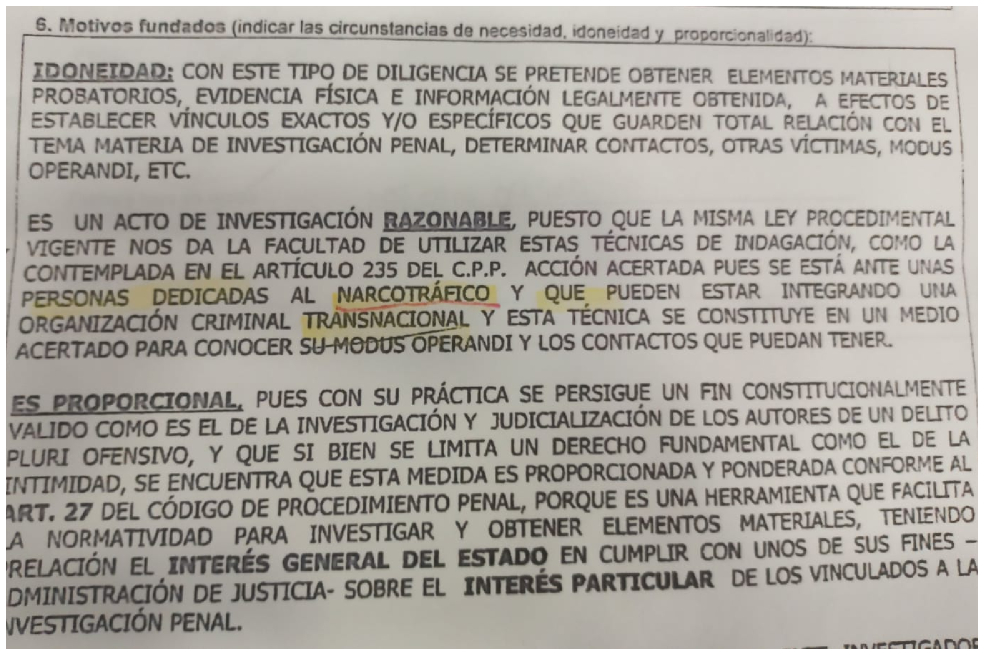 Informe con el que la Fiscalía sustentó la orden de interceptación a la esposa del Chatarrero.