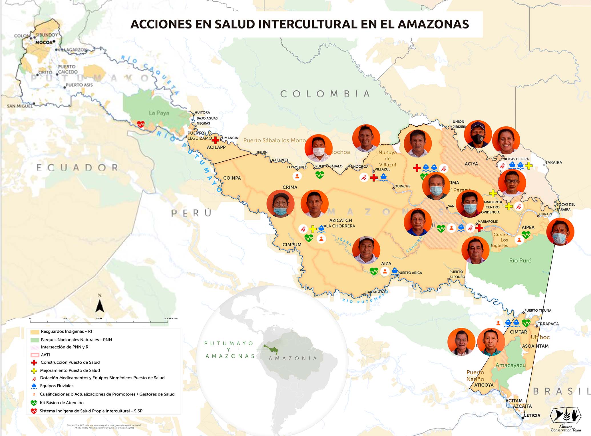 En este mapa se pueden ver los distintos procesos adelantados ACT con la iniciativa intercultural de salud a lo largo del departamento del Amazonas.
