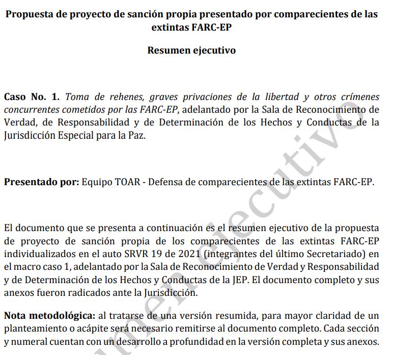Así inicia el documento que los ex Farc le presentaron a la JEP el pasado 27 de septiembre y en el que se contemplan las propuestas sobre sanciones propias por el Caso 01 de secuestro.