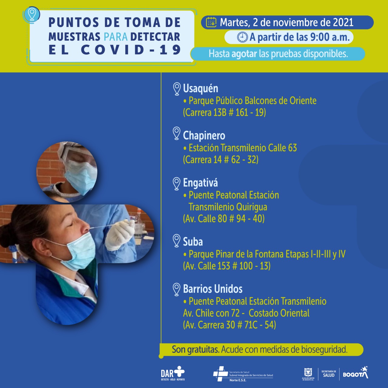 ¿Dónde hay pruebas gratuitas contra Covid-19 este martes en Bogotá?