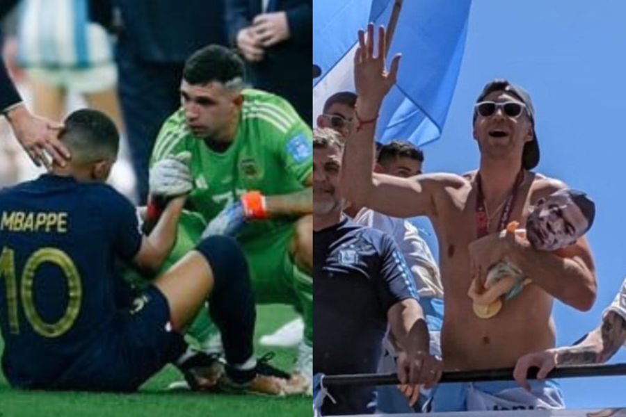 Video: “Dibu” Martínez genera polémica por cargar un bebé con la cara de Mbappé