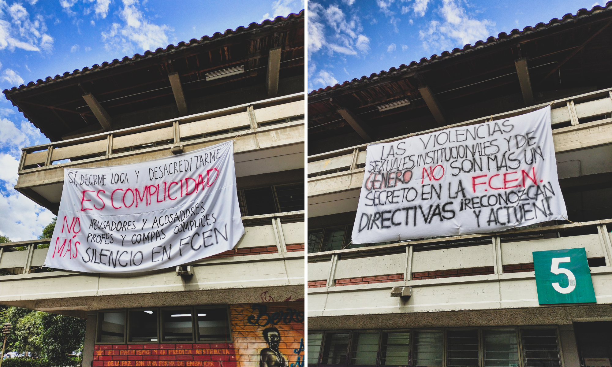 En los bloques 5 y 6 del campus de la UdeA, todas las paredes, puertas y balcones tienen carteles alusivos a la crisis por violencias basadas en género.