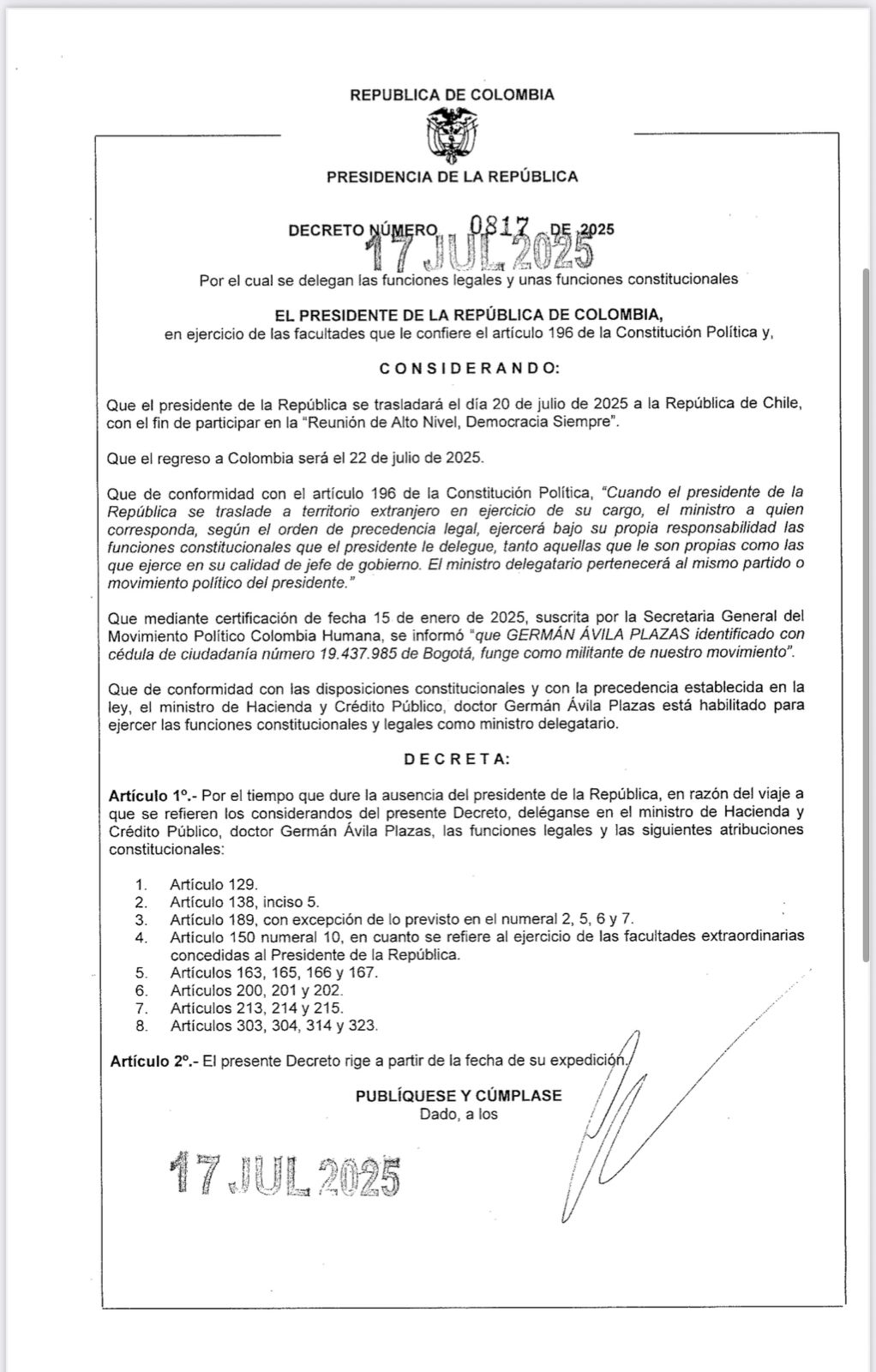 Decreto 0817 de 2025.
