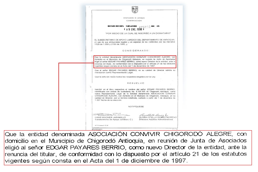 Facsímil de la resolución en la que la Gobernación de Antioquia oficializó el nombramiento de Edgar Payares Berrío como representante legal de la convivir Chigorodó Alegre.