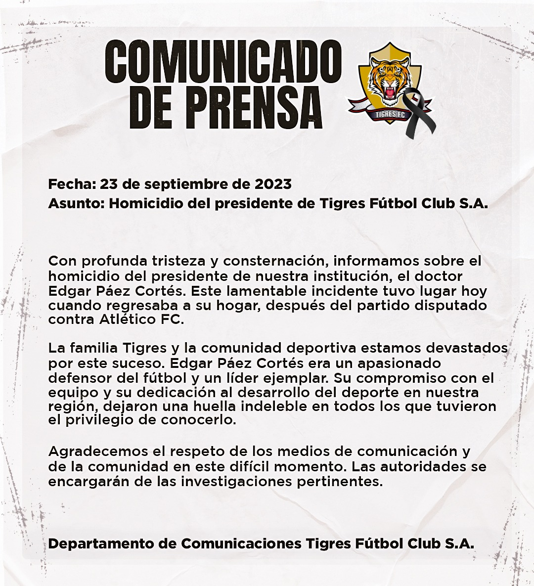 Comunicado de prensa de Tigres F.C. en el que confirman el asesinato de Edgar Páez Cortés.