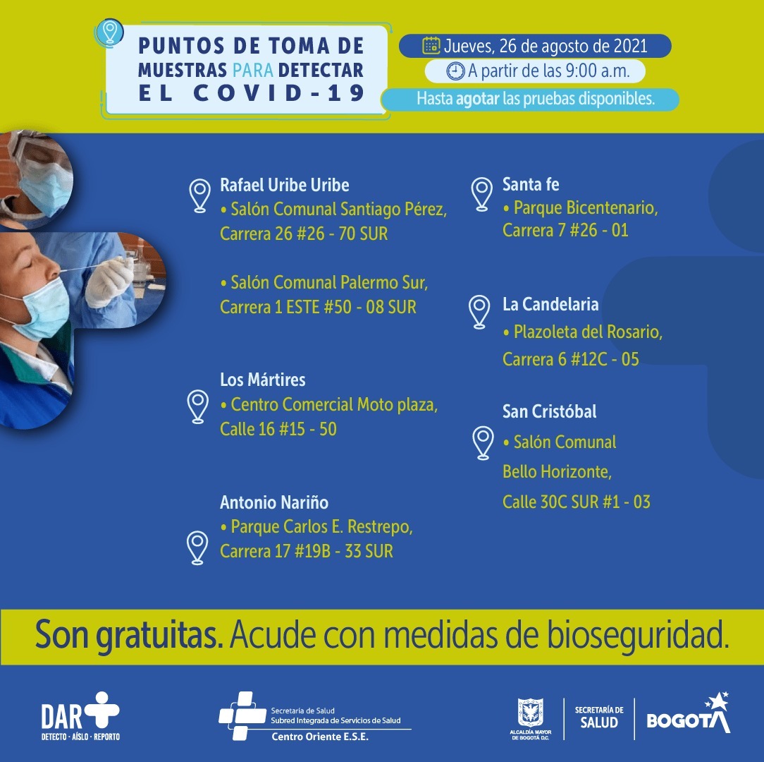 ¿Dónde hay pruebas gratuitas para COVID-19 este jueves en Bogotá?