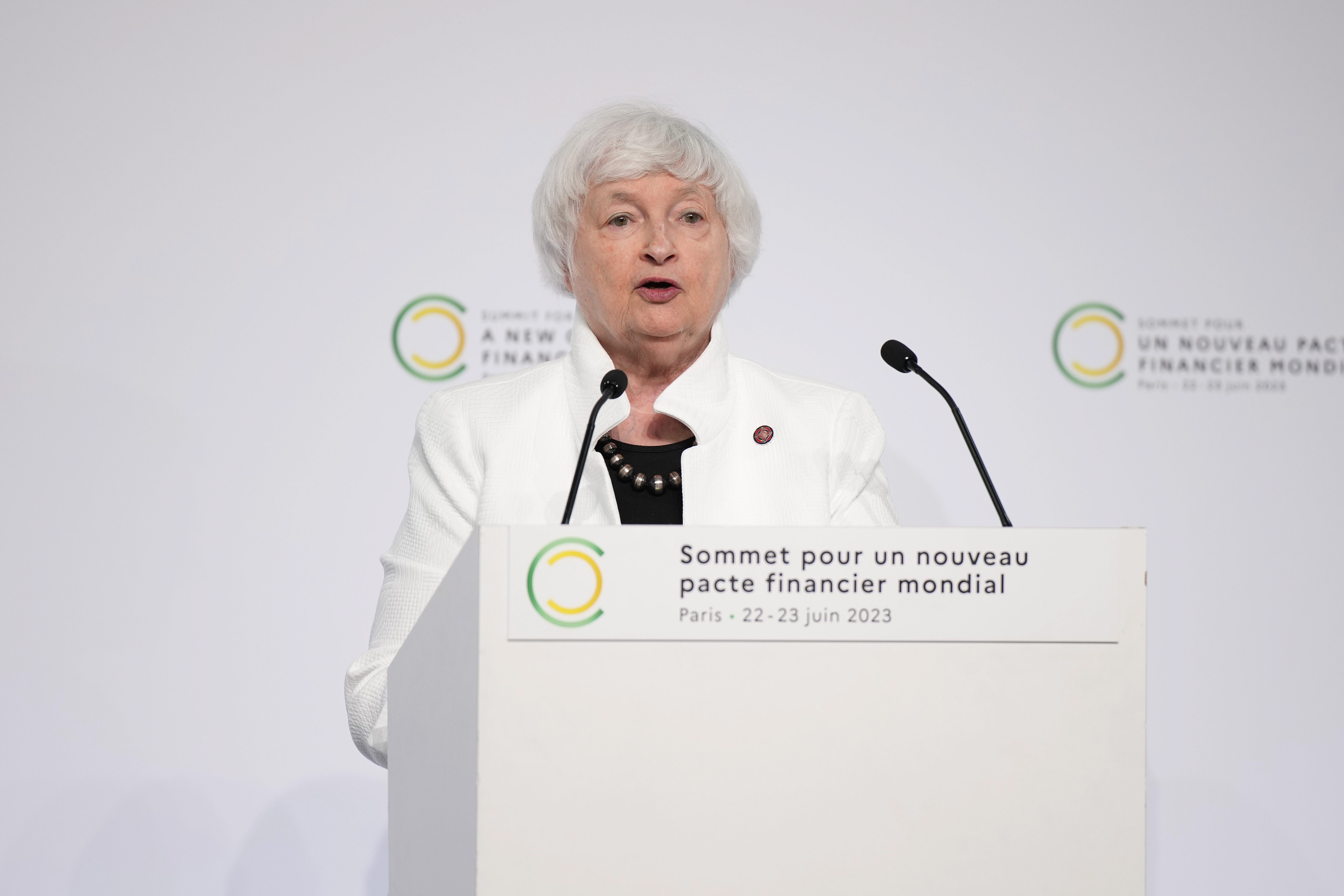 Paris (France), 23/06/2023.- US Treasury Secretary Janet Yellen speaks during a joint press conference at the end of the New Global Financial Pact Summit, Paris, France, 23 June 2023. The two-day summit aimed at seeking better responses to tackle poverty and climate change issues by reshaping the global financial system. (Francia) EFE/EPA/Lewis Joly / POOL MAXPPP OUT