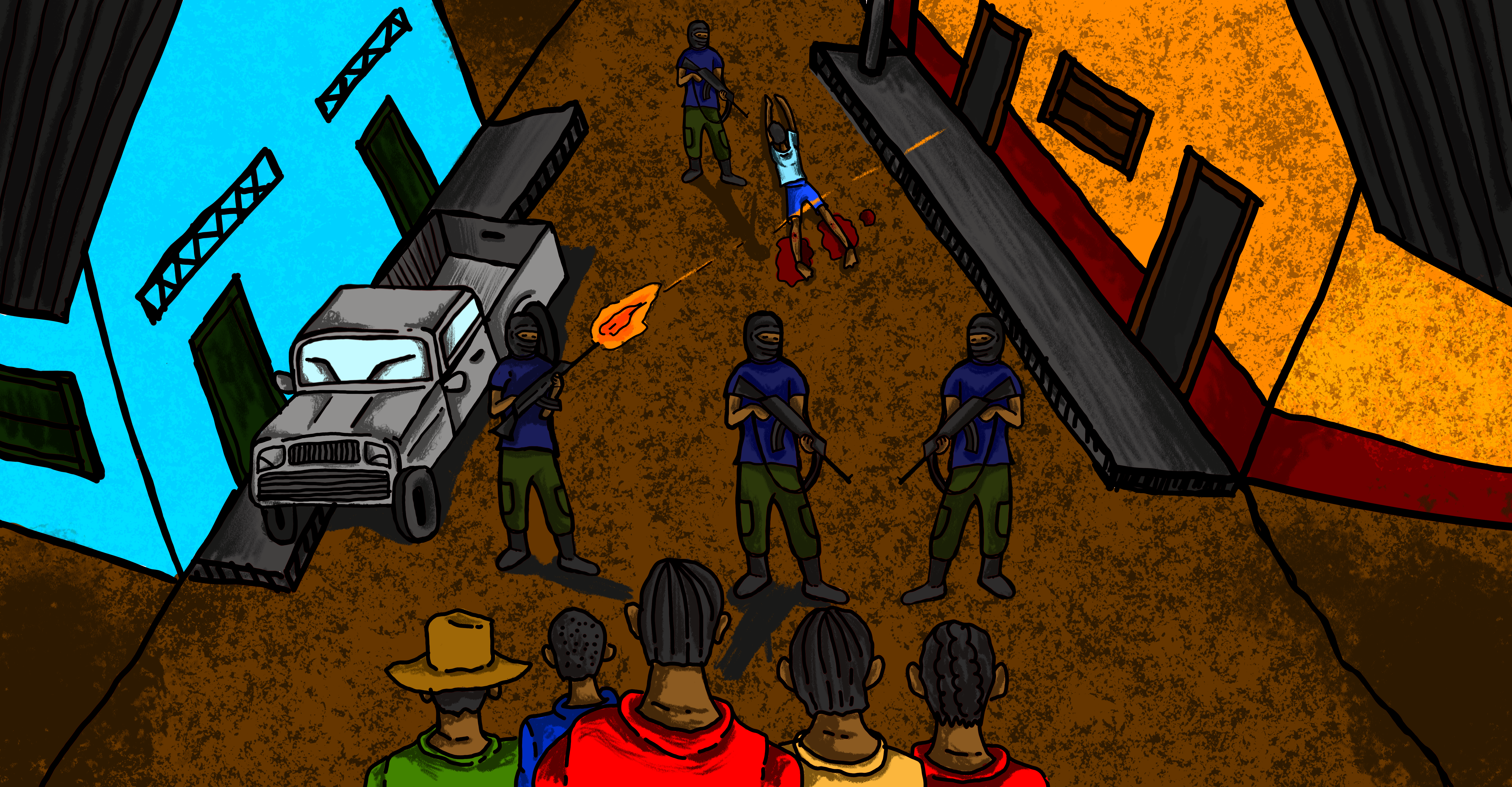 Paramilitares dispararon al aire para amedrentar a la población. Ilustración: @canayarts.