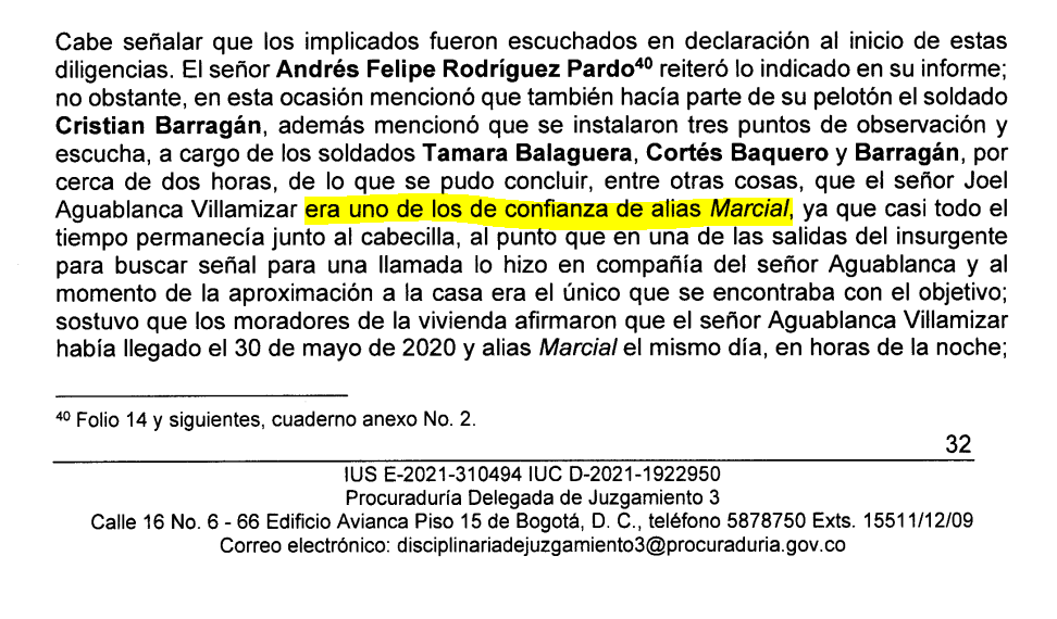La Procuraduría tiene prueba de que el comandante de la operación, Rodríguez Pardo, señaló a la víctima como "de los de confianza de alias Marcial".