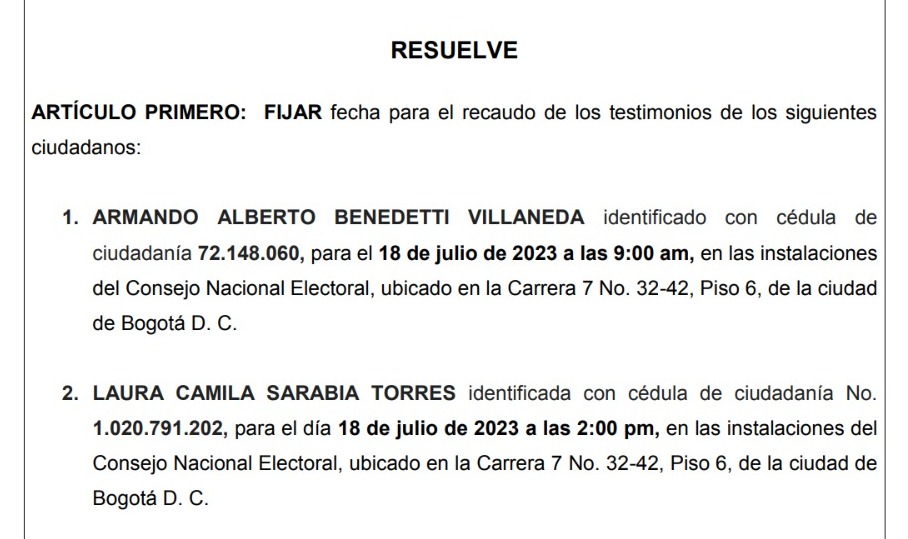 Sarabia y Benedetti fueron citados para el 18 de julio para rendir versión libre, pero el exembajador no se presentó argumentando que se amparaba en su derecho a guardar silencio.