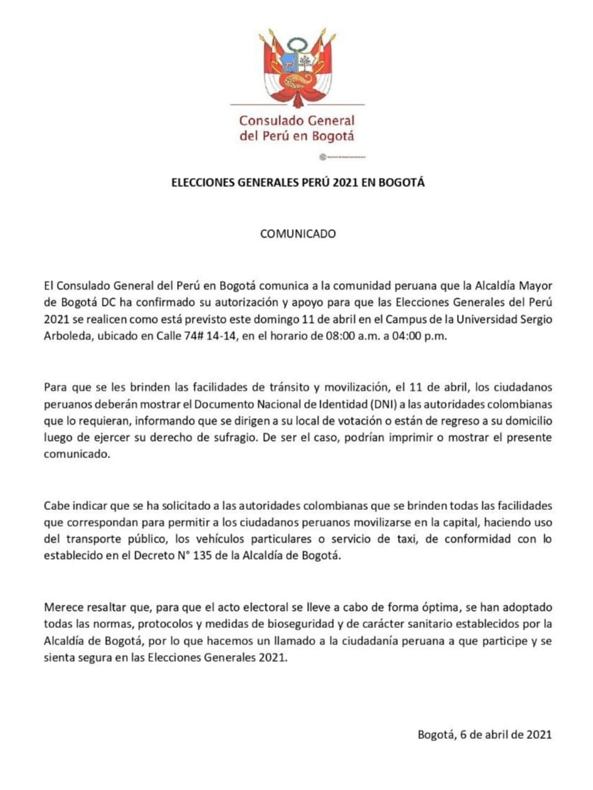 Se estableció que el punto de votación será el Campus de la Universidad Sergio Arboleada, ubicado en la Calle 74 #14-14, en el horario de 08:00 a. m. a 04:00 p. m.