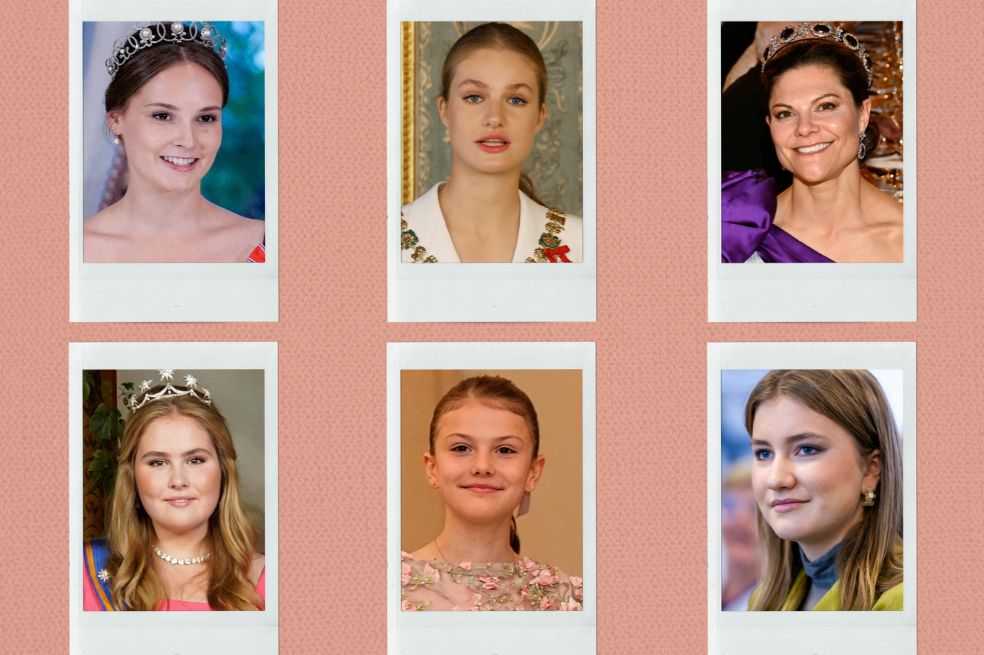 De izquierda a derecha y de arriba a abajo: la princesa noruega, Ingrid Alexandra, la princesa heredera española de Asturias, Leonor, la princesa heredera Victoria de Suecia, la princesa de Orange de los Países Bajos, Catharina-Amalia, la princesa Estelle de Suecia y la princesa heredera belga, Isabel.