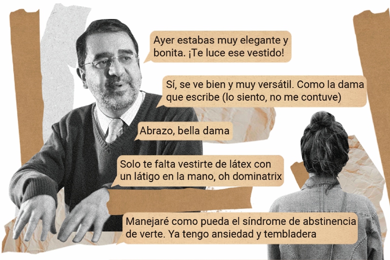 Gómez Restrepo renunció a Asobancaria, luego de que María Clara Sarmiento lo denunciara. Él mismo confesó que le había dado un beso en la boca. (Ilustración de Éder Rodríguez)