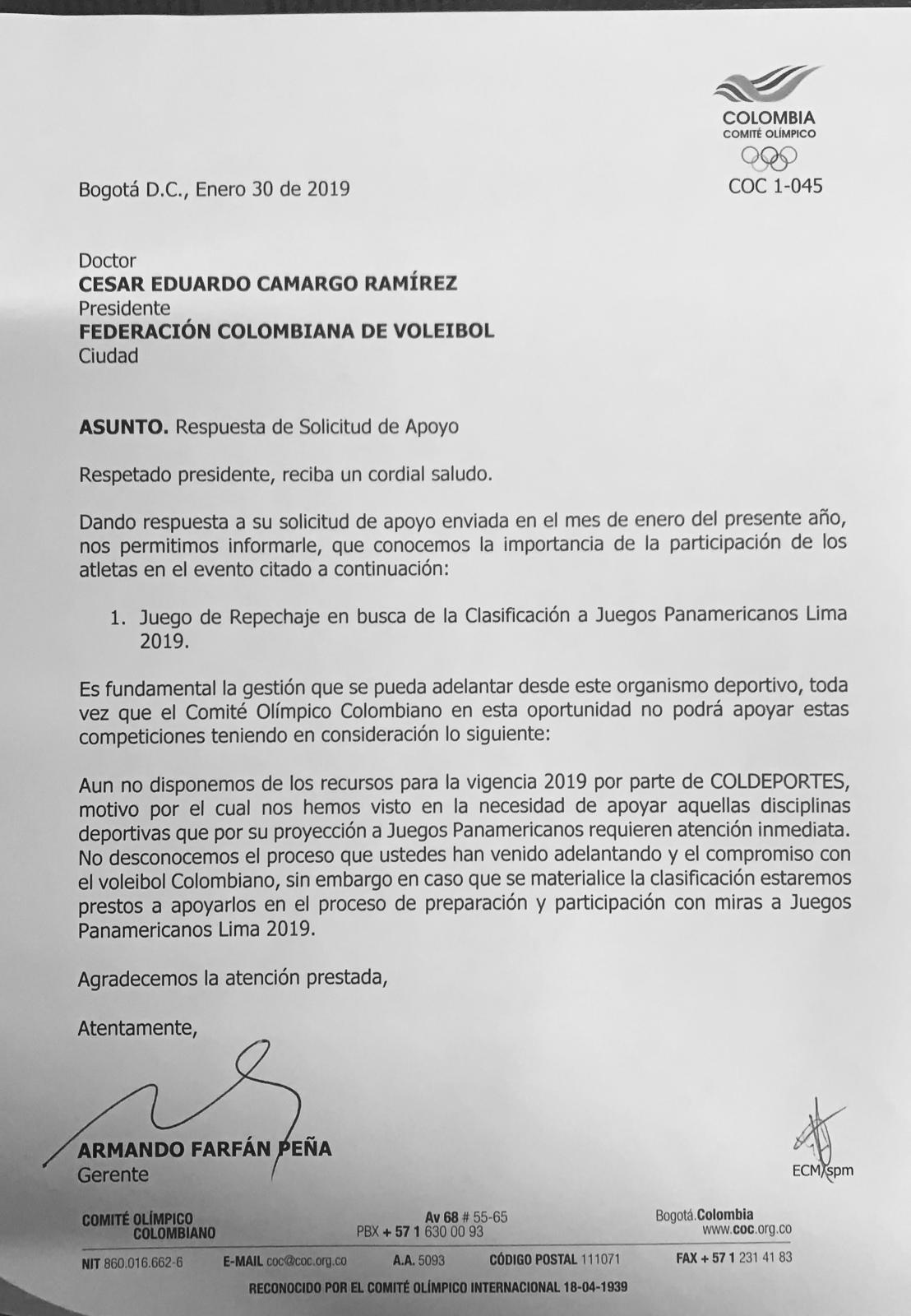 Carta de respuesta del Comité Olímpico Colombiano a la Federación Colombiana de VoleibolCortesía