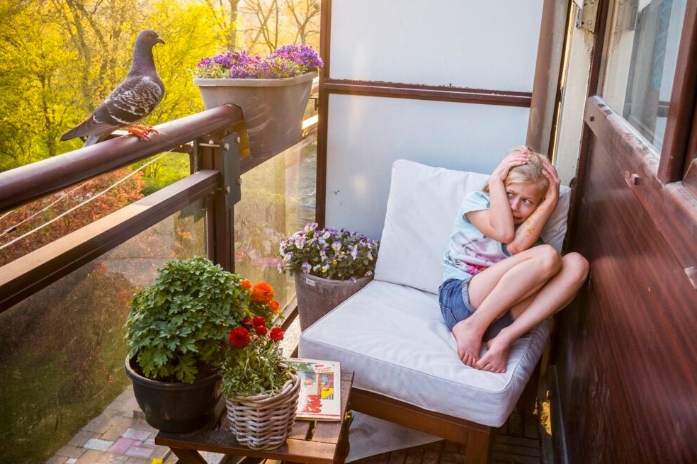 La hija del fotógrafo, Merel, le da temor cuando una de las palomas entra por su balcón.