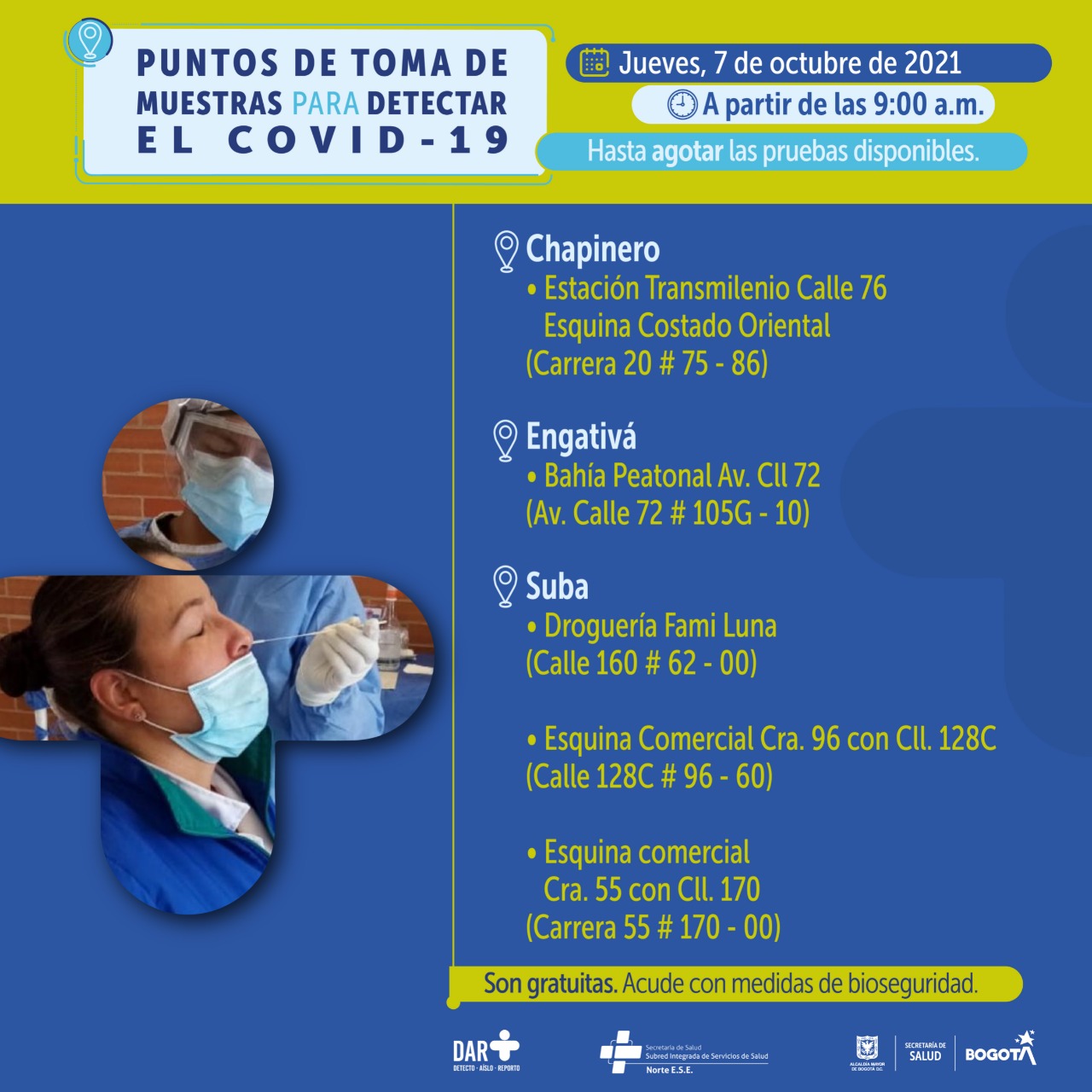¿Dónde hay pruebas gratuitas para Covid-19 este jueves en Bogotá?