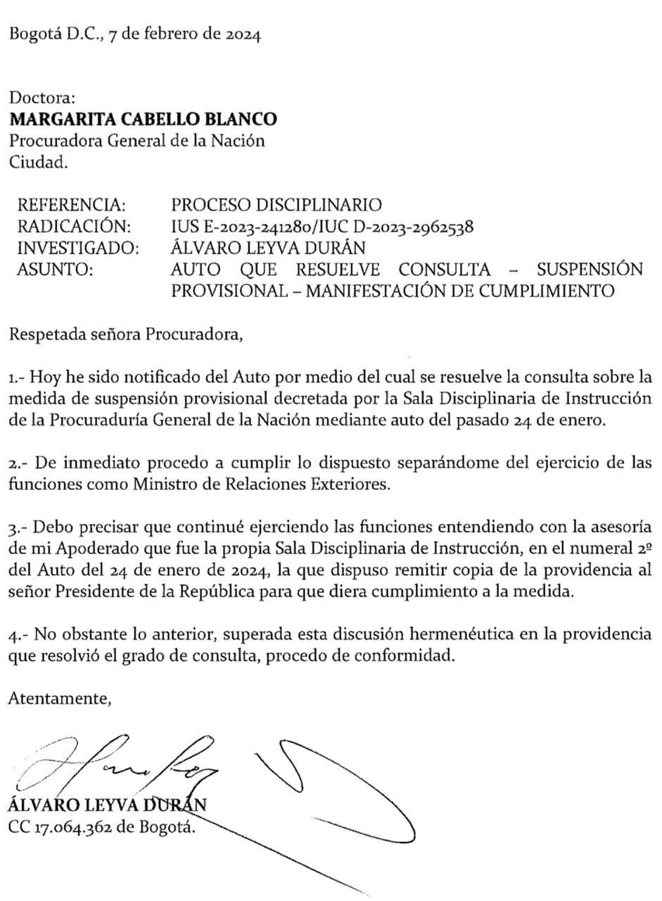 El oficio del canciller Álvaro Leyva a la Procuraduría General de la Nación.