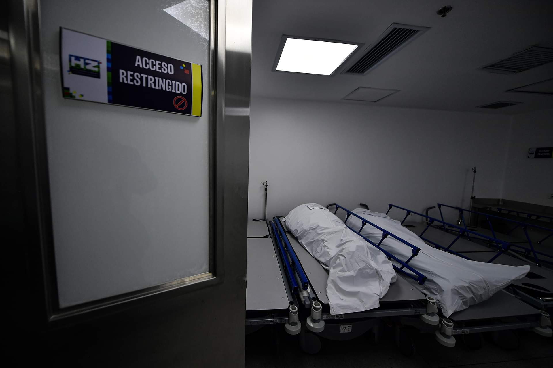 Dos cuerpos en bolsas blancas en una sala