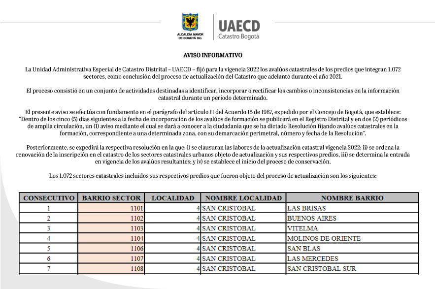 Catastro Bogotá: aviso informativo