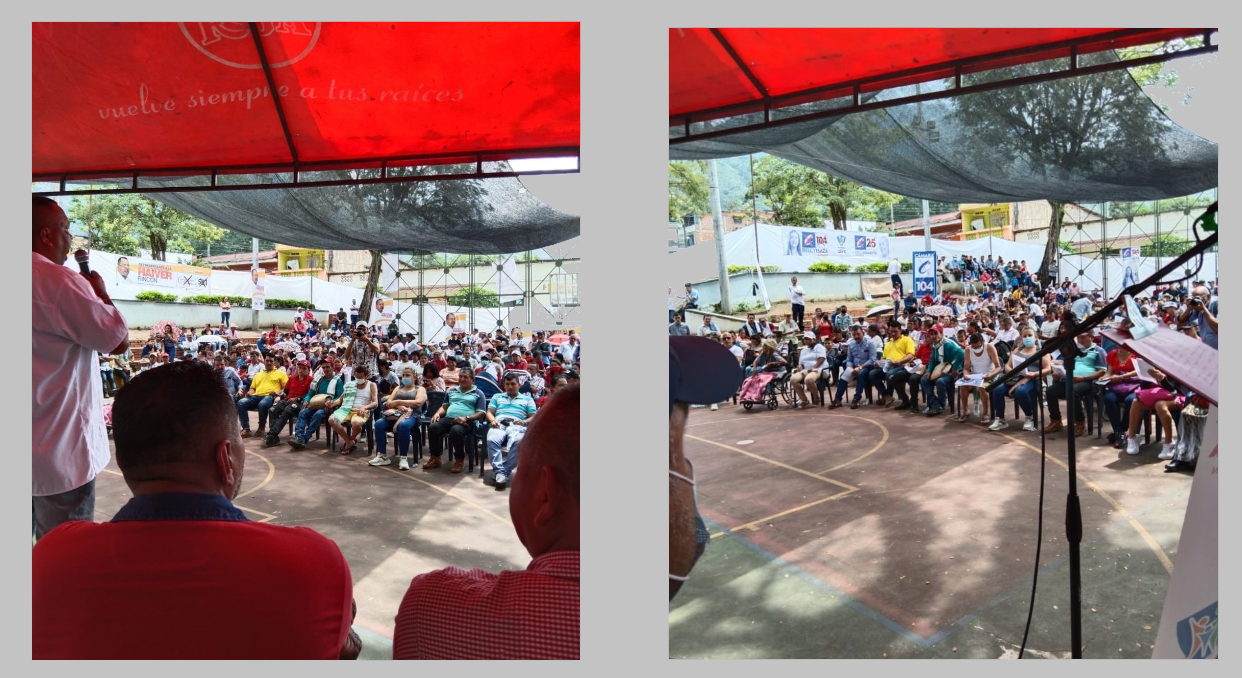 En un mismo acto de campaña compartieron tarima el candidato a la curul de paz Haiver Rincón, fórmula de Janeth Sabogal, junto a la aspirante conservadora Delcy Isaza, ficha de Óscar Barreto. Únicamente cambiaron las pancartas para tomar las fotos.