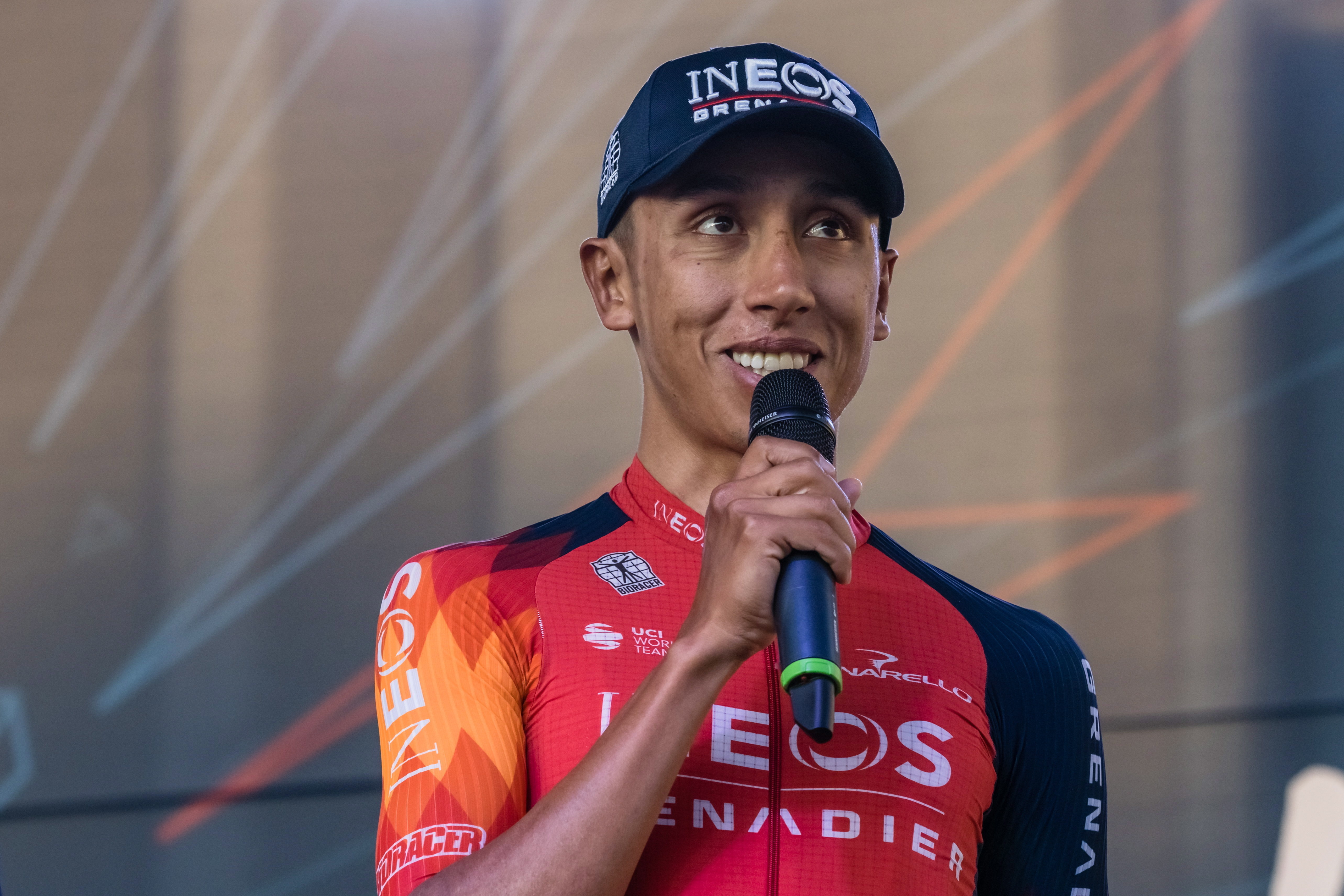 Keszthely (Hungary), 09/05/2023.- Colombian rider Egan Bernal of the British team Ineos-Grenadiers speaks during the team presentation event ahead of the Tour de Hongrie cycling road race in the park of Festetics Palace in Keszthely, southwestern Hungary, 09 May 2023 (issued 10 May 2023). The five-stage race takes place between 10 and 14 May with the participation of 22 professional teams to cover a total distance of 879 kms. This year 132 riders from 29 nations have entered the Hungarian circuit, which is part of the ProSeries of the UCI international confederation. (Ciclismo, Hungría) EFE/EPA/Tibor Katona HUNGARY OUT