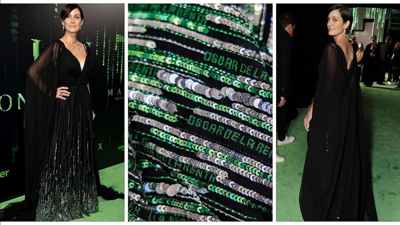 Carrie-Anne Moss (Trinity) acaparó toda la atención con este espectacular diseño de Oscar de la Renta de la premier de The Matrix Resurrections.