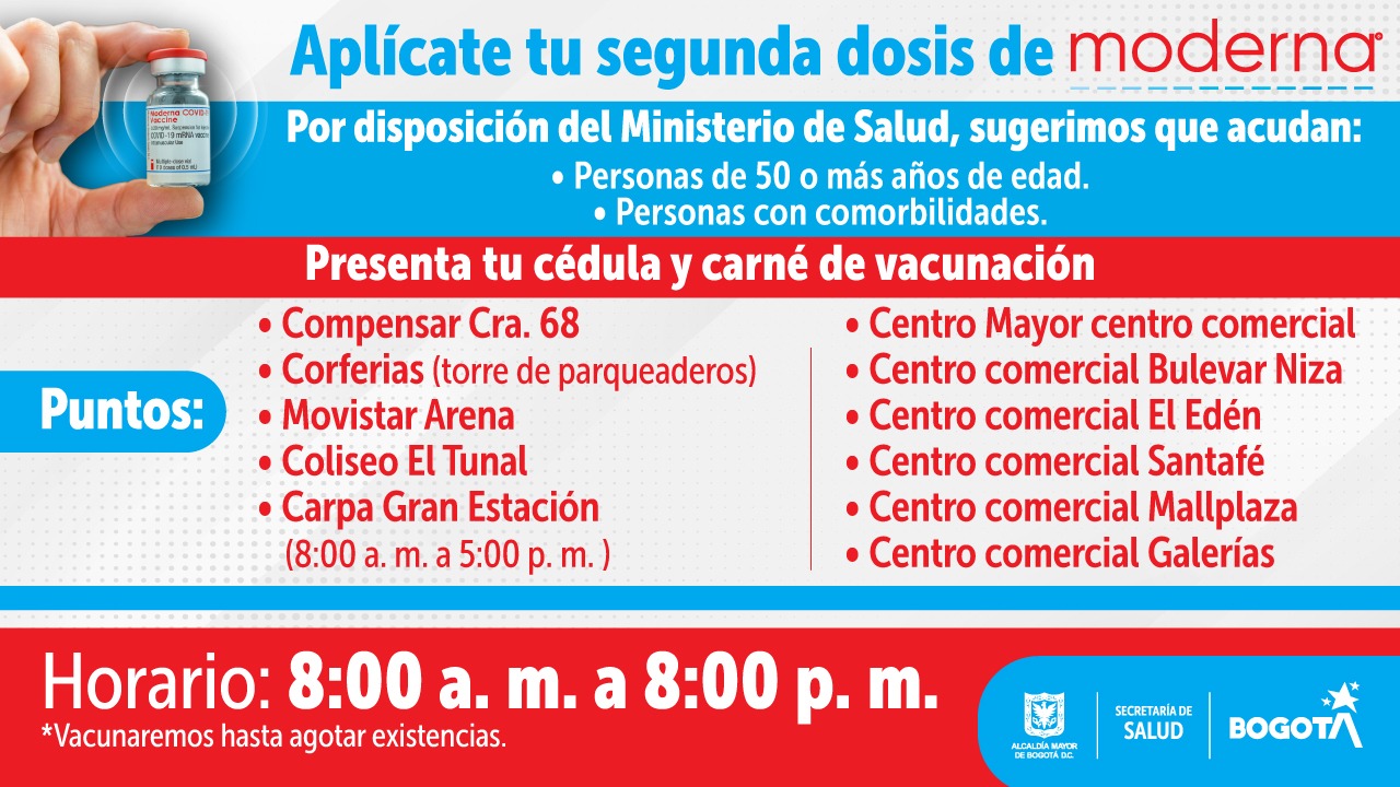 En Bogotá ya hay segundas dosis de la vacuna Moderna