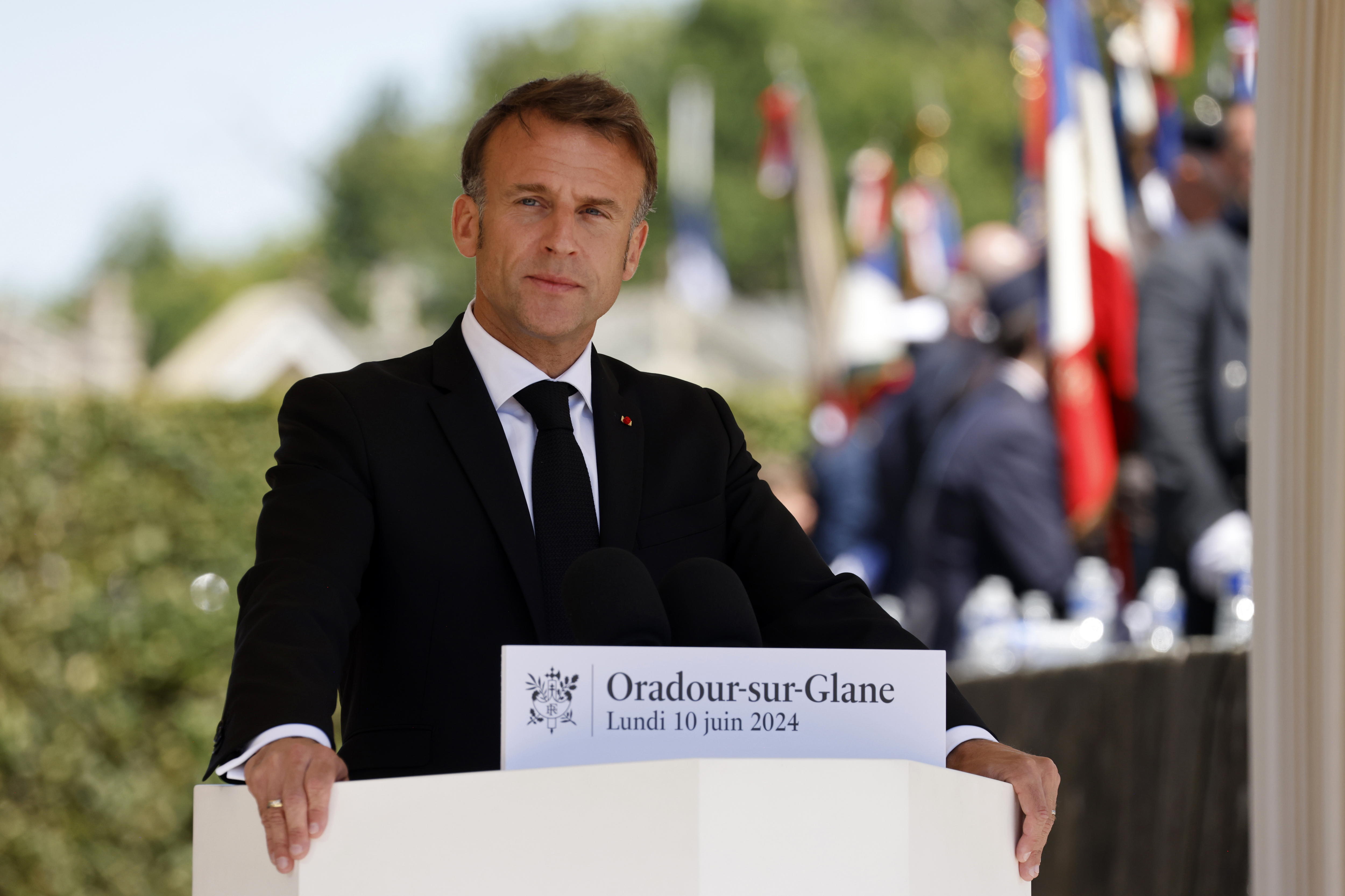 Oradour-sur-glane (France), 10/06/2024.- French President Emmanuel Macron speaks during a ceremony marking the 80th anniversary of the massacre of 643 persons by Nazi German forces, in Oradour-sur-Glane, southwestern France, 10 June 2024. On 10 June 1944, just four days after the Allied forces landed on the Normandy coast on D-Day, 643 inhabitants, including 247 children, were massacred in the village of Oradour-sur-Glane in southwestern France, by German Waffen-SS soldiers belonging to the 2nd SS Panzer Division 'Das Reich'. (Francia, Normandía) EFE/EPA/LUDOVIC MARIN / POOL MAXPPP OUT