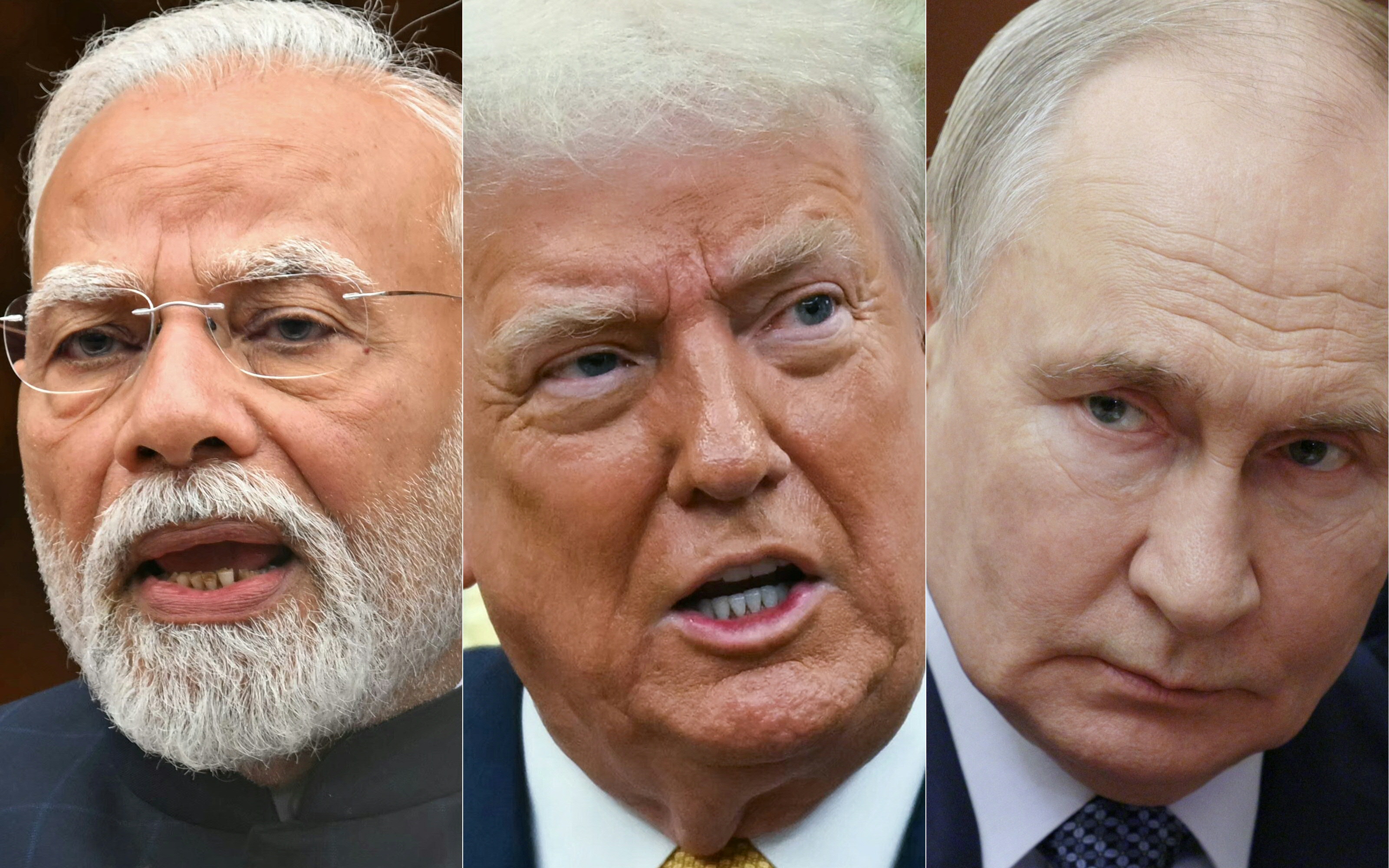 (FILES) This combination of pictures shows India's Prime Minister Narendra Modi (L) on July 21, 2025, US President Donald Trump (C) on July 22, 2025 and Russia's President Vladimir Putin on August 5, 2025.