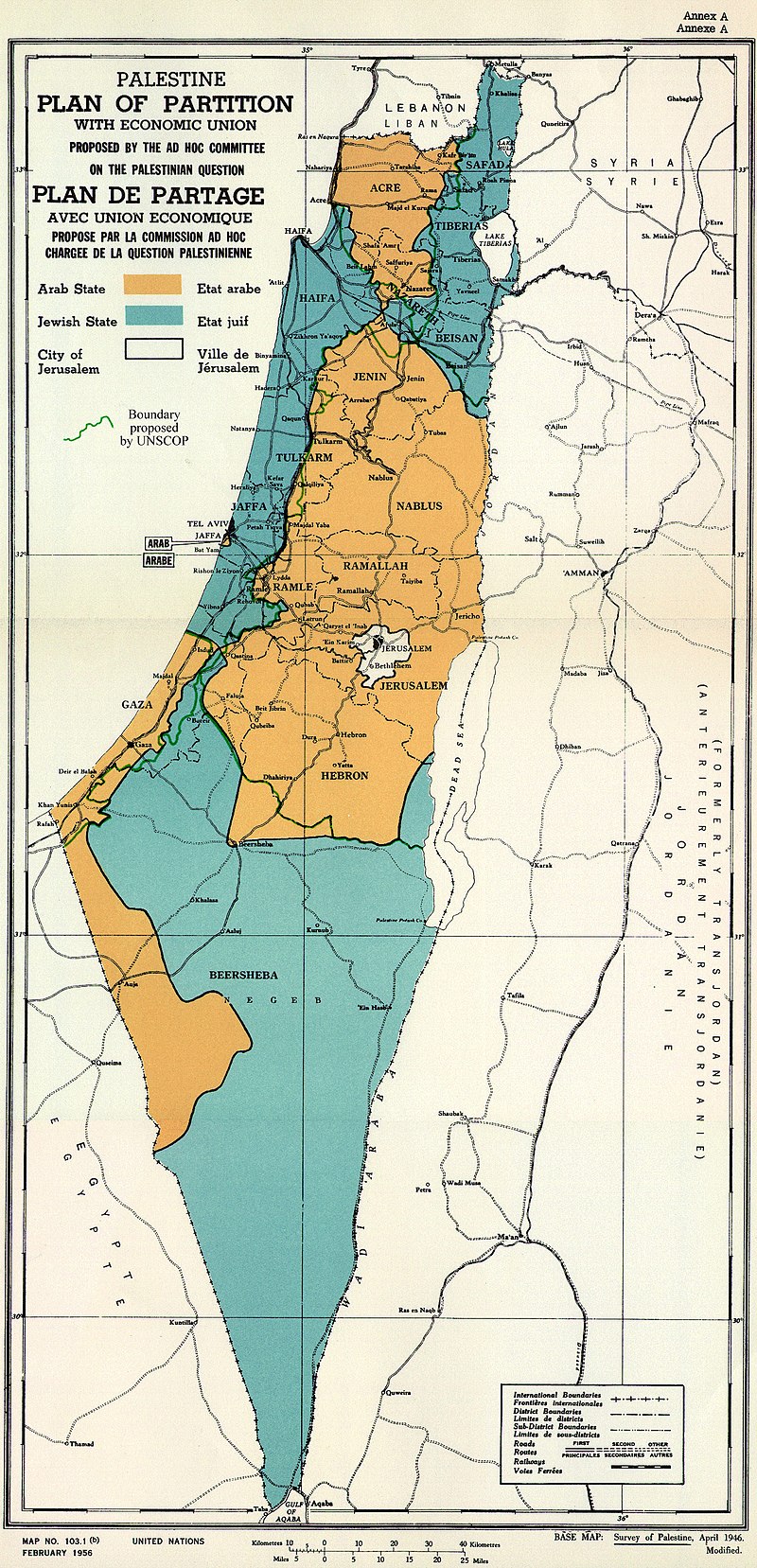 Mapa del plan de las Naciones Unidas para la partición de Palestina en 1947.