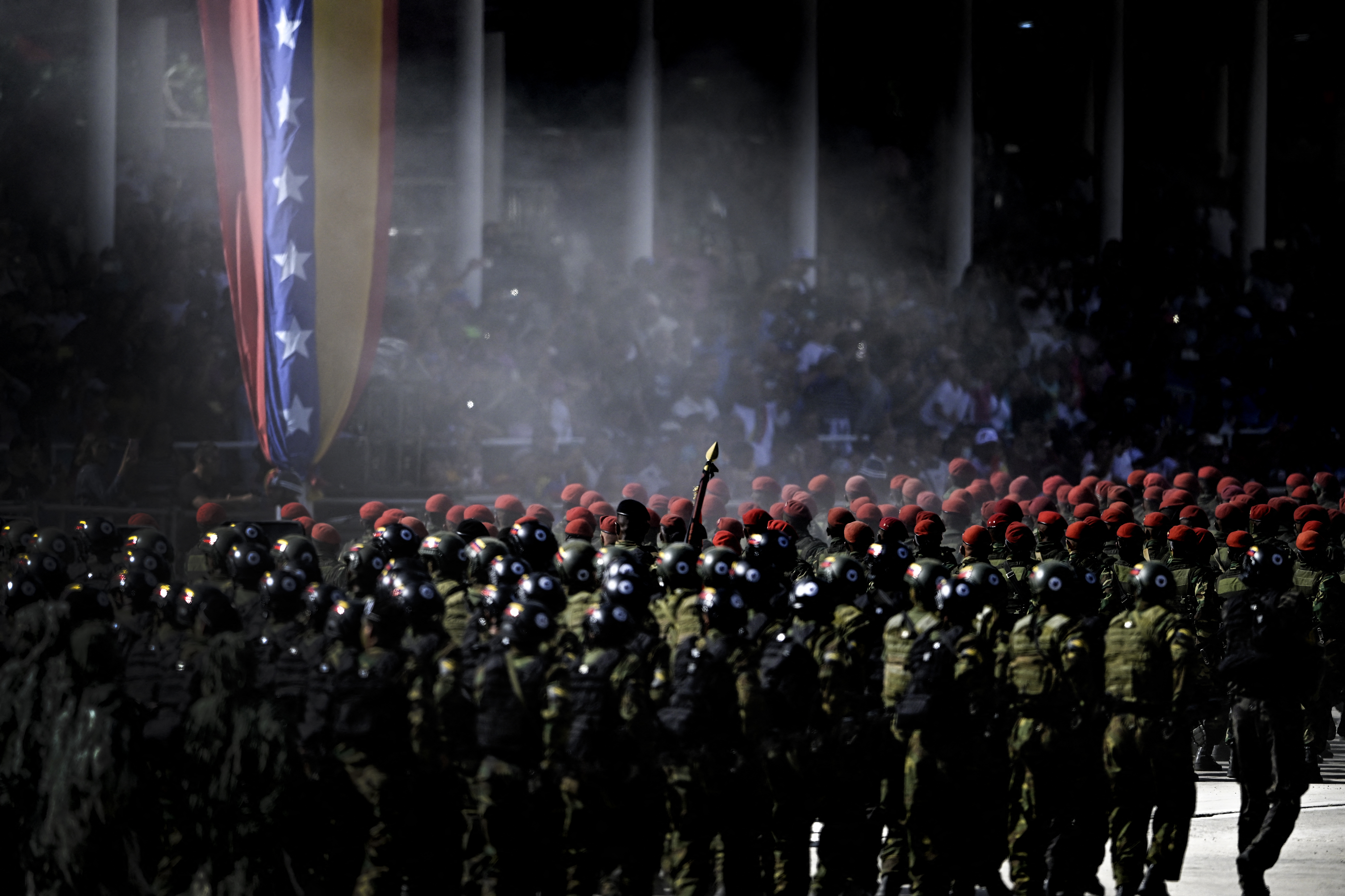 Venezuelan Army members march during a military parade within celebrations for the Independence Day, in Caracas on July 5, 2025. (Photo by Juan BARRETO / AFP)