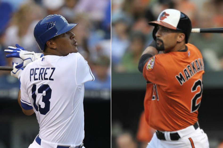 Salvador Pérez (Reales de Kansas City) y Nick Markakis (Orioles de Baltimore), estarán frente a frente a partir de esta noche por el campeonato de la Liga Americana. //AFP