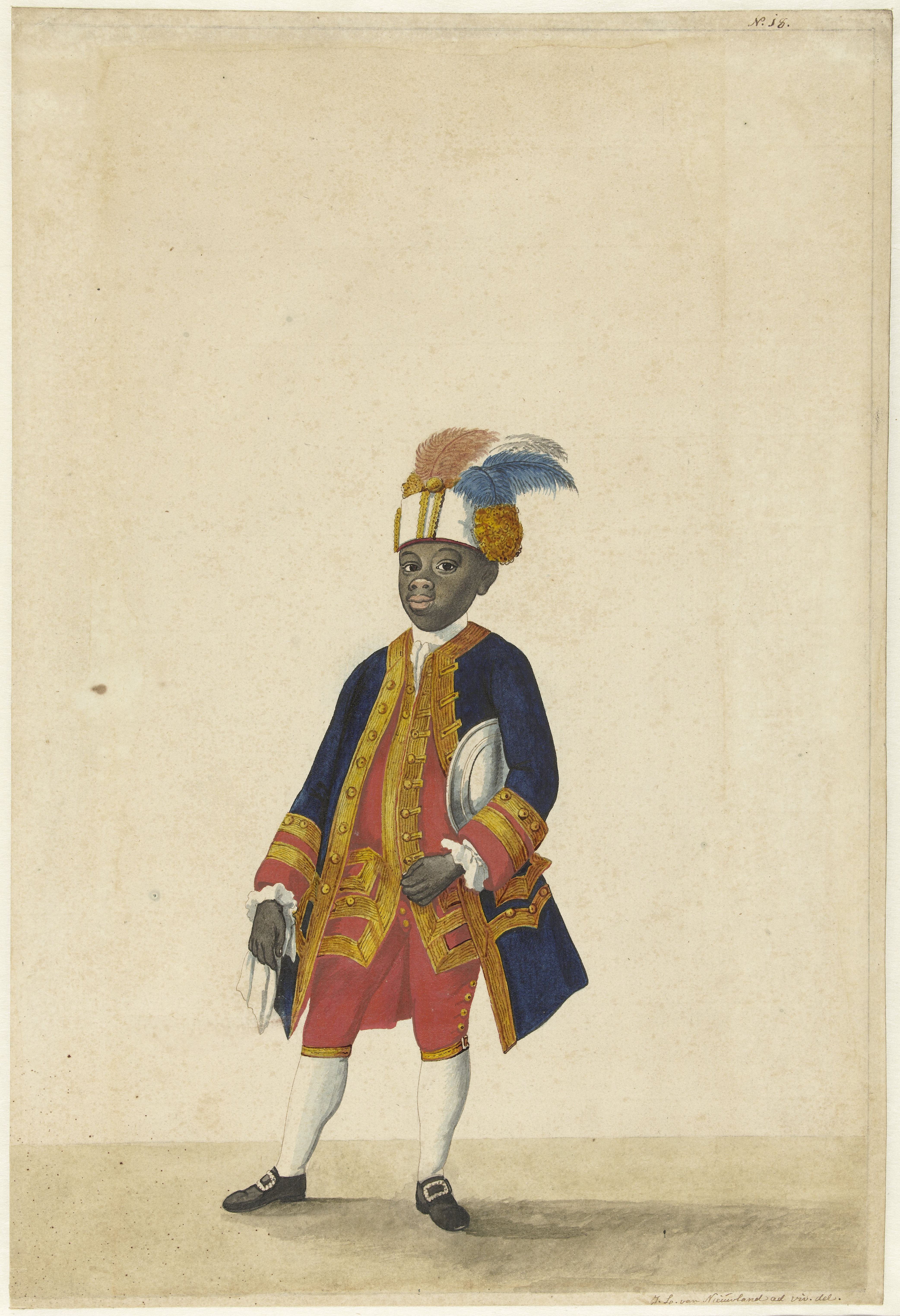 Estudio de vestuario de un sirviente en la corte de Guillermo V. Probablemente llamado “Cupido”, proveniente de Curazao. / Isaac Lodewijk la Fargue van Nieuwland, 1766. © Rijksmuseum, Amsterdam.